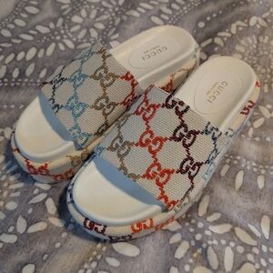 Gucci White and Multicolor Logo Mules